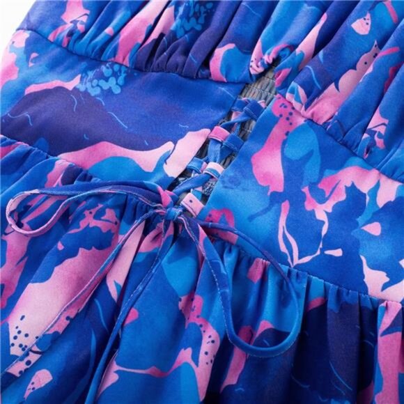 Women's Summer Floral Dress Spaghetti Strap Smocked Tiered Boho Maxi Long Dress - Picture 6 of 7